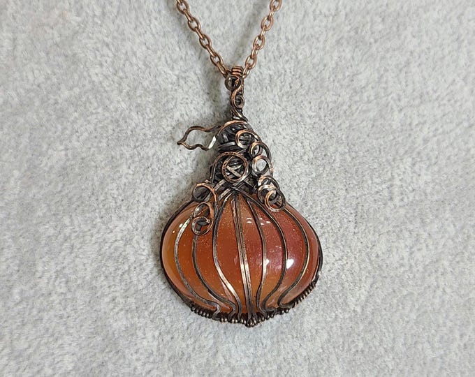 Pumpkin, Onyx, Wire wrapped necklace, wire wrap, handmade, gifts for her, pendant, stone of protection & strength, Shields against negative
