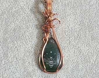 Nephrite, Jade, Copper wrap, wire wrapped necklace, handmade, wire wrap, med pendant, gifts for her, peace & tranquility, alignment, bee.