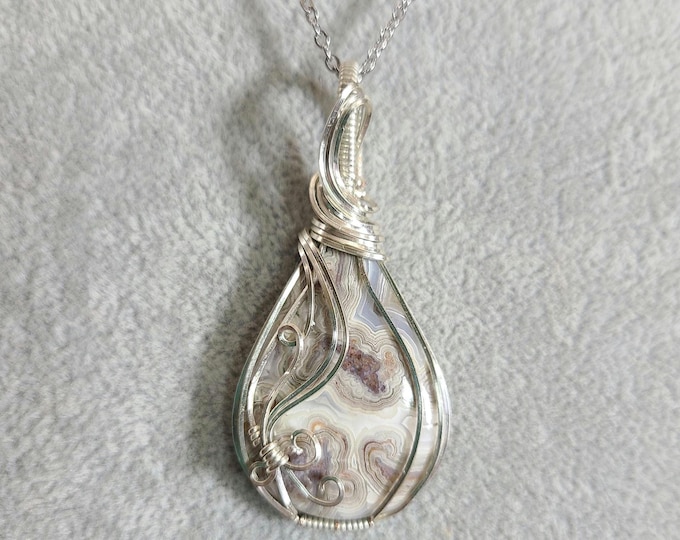 Crazy Lace Agate, Sterling Silver Pendant, Wire wrapped necklace, wire wrap, handmade, gifts for her, pendant, Happy Lace, Radiates Positive