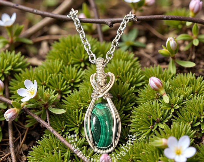 Malachite necklace, wire wrapped jewelry, gifts for her, dainty, solid sterling silver, healing, clears chakras