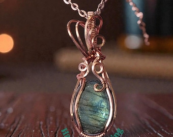 Labradorite wrapped necklace, wire wrapped pendant, Copper, handmade, gift for her,