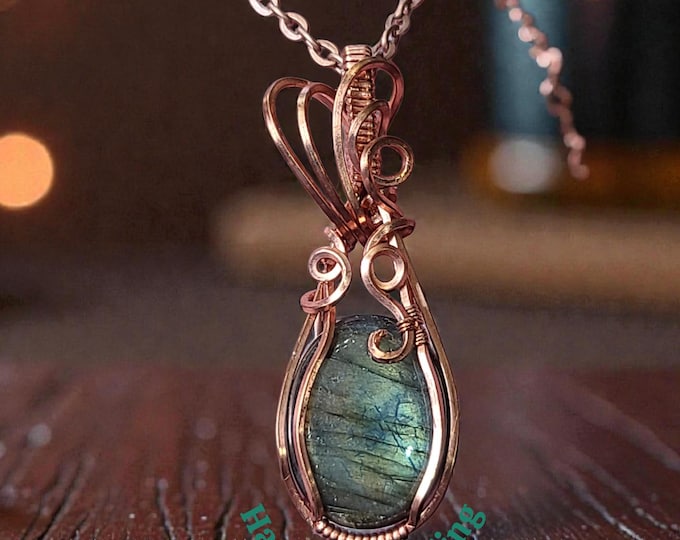 Labradorite wrapped necklace, wire wrapped pendant, Copper, handmade, gift for her,