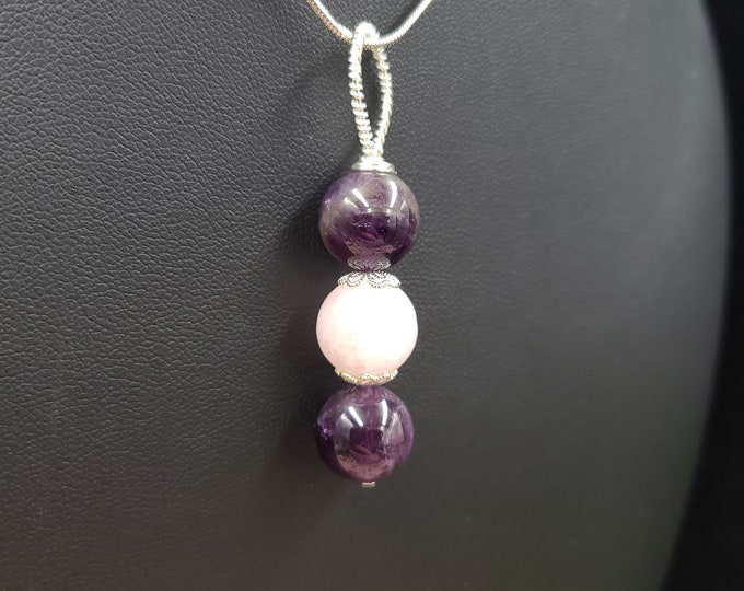 amethyst, rose quartz necklace, sterling silver necklace, peace, balance, clarity, anti-depression pendant.