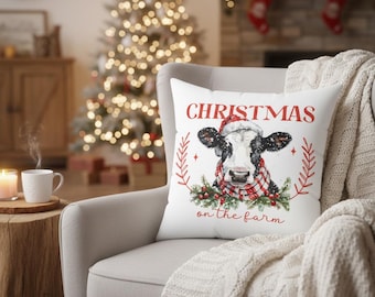 Christmas On The Farm Pillow Holiday Home Accent Farmhouse Decor Cozy Winter Rustic Theme Xmas Lover Gift Farm Animal Throw Yuletide Pillow