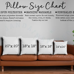 May include: A brown leather sofa with four white throw pillows. The pillows are labeled with their dimensions: 20" x 20", 18" x 18", 16" x 16", and 14" x 14". The text above the sofa reads "Pillow Size Chart" and includes details about the pillow material, washing instructions, and zipper.