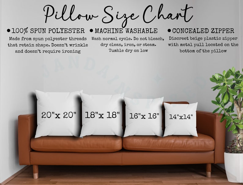 May include: A brown leather sofa with four white throw pillows. The pillows are labeled with their dimensions: 20" x 20", 18" x 18", 16" x 16", and 14" x 14". The text above the sofa reads "Pillow Size Chart" and includes details about the pillow material, washing instructions, and zipper.