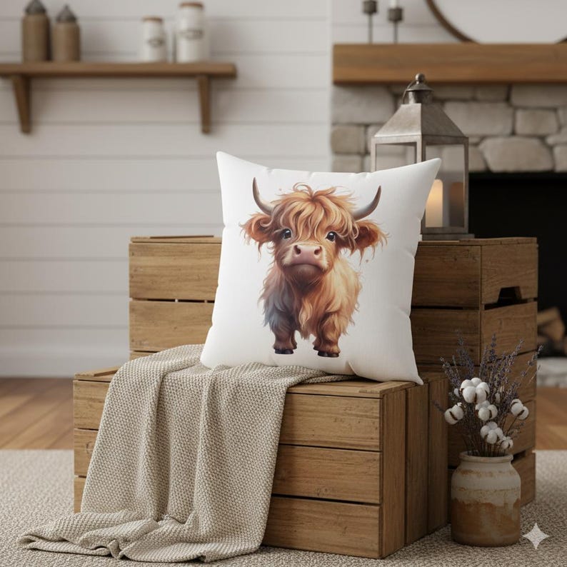 Highland Cow Pillow Gift Rustic Farmhouse Charm Decorative Retro Countryside Room Decor Cushion Highland Accessory Decor Home Accent Piece image 1