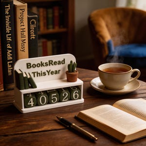 Könnte beinhalten: Ein weiß-grüner "Books Read This Year" Zähler mit einem kleinen Kaktus und Miniaturbüchern. Der Zähler zeigt die Zahl 40526 an. Eine Tasse Tee, ein offenes Buch und ein Stift stehen auf einem Holztisch, mit Büchern im Hintergrund.