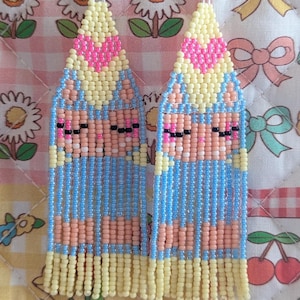 Creepy Cute Smiling Monster Earrings - Blue and Yellow Seed Bead Labubu Earrings