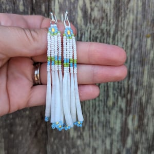 Può includere: Un paio di lunghi orecchini bianchi perlati con accenti blu e verdi. Gli orecchini sono appesi a ganci d'argento e hanno una frangia di perline bianche in fondo.