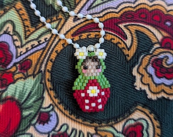 Miyuki Delica Seed Bead Strawberry Matryoshka Charm: Handwoven Whimsical Jewelry