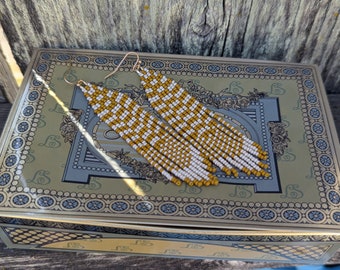 Handwoven Seed Bead Earrings: Marigold Cream Geometric Fringe