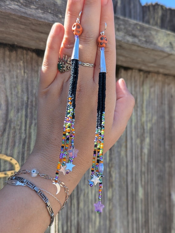 Halloween Skull Dangle Earrings: Miyuki Beads, Sterling