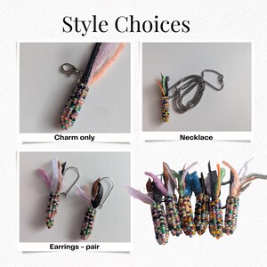 May include: Image displaying handmade jewellery options. Includes a charm, necklace, and earrings, all with a colourful, beaded design. The text "Style Choices" and product names are shown.