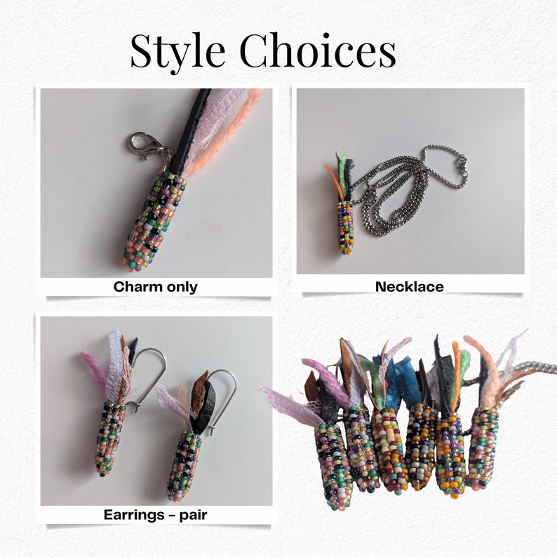 May include: Image displaying handmade jewellery options. Includes a charm, necklace, and earrings, all with a colourful, beaded design. The text "Style Choices" and product names are shown.