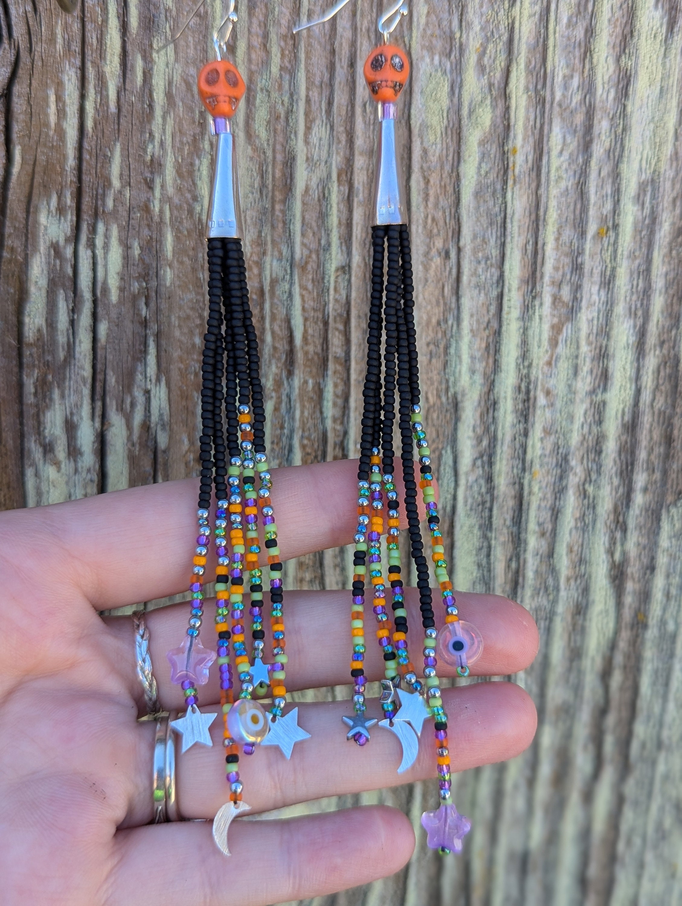 Halloween Skull Dangle Earrings: Miyuki Beads, Sterling