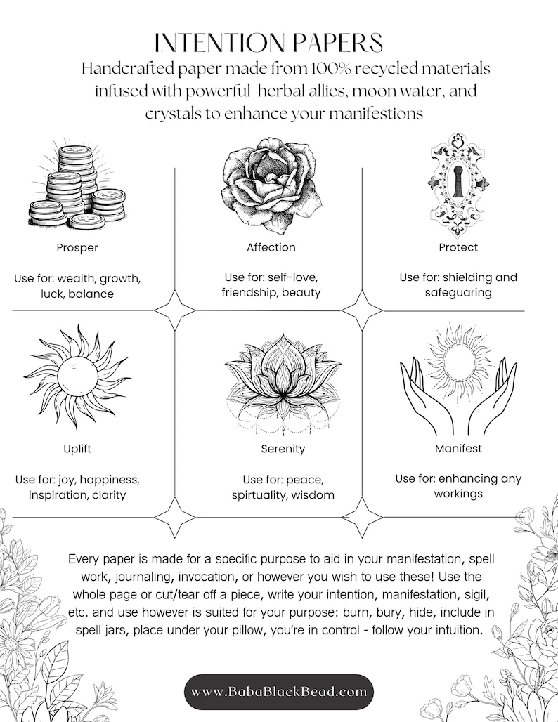 May include: A black and white graphic featuring Intention Papers. The image includes illustrations of coins, a rose, a keyhole, a sun, a lotus flower, and hands holding a sun. Text describes the papers' uses for wealth, love, protection, joy, peace, and manifestation.