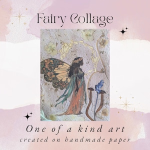 Collage di fate botaniche realizzato su carta riciclata fatta a mano con fiori secchi e funghi - Arte unica nel suo genere
