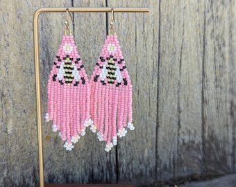 Beaded Bee Earrings: Pink Seed Bead Fringe, Hypoallergenic