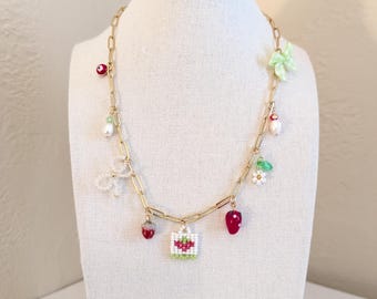 Beaded Strawberry Charm Necklace with Beaded Charms on Gold Paperclip Chain