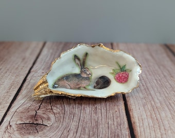 Oyster Shell Trinket Dish: Woodland Rabbit, Gold Leaf Coastal Decor