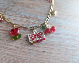 Charming Cherry Red Charm Necklace with Beaded Charm on Gold Paperclip Chain