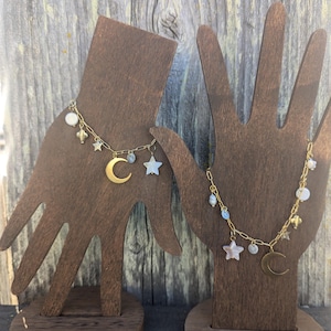Crescent Moon Charm Bracelet with Freshwater Pearl, Mother of Pearl, and Shell Charms - Charm Bracelet for Ocean Lover - 14 k Gold Filled