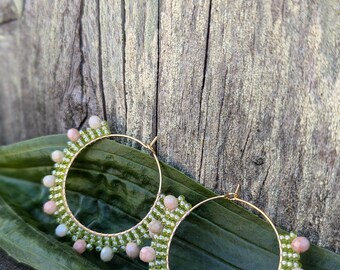 Beaded Hoop Earrings - Spring Green and Pastel Pink Seed Bead Earrings - Lightweight Hoops