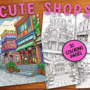 Adult Coloring Book Pages, Digital Download Printable PDF, Greyscale and black and white, City, Architecture, Buildings, Cute, Shop, Cafe