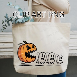 May include: A cream tote bag with a Halloween design. It shows an orange pumpkin with a carved face, followed by three white cartoon ghosts. The text "CLIP ART PNG" is printed at the top of the bag.