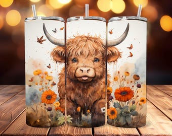 Boho Highland Kuh Tumbler Wrap, Floral Sublimation Design (digitaler Download)