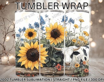 Rustikaler Blumiger Kuhbecher Wrap, Sonnenblumendesign (PNG Download)