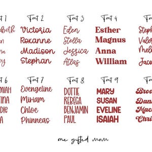 May include: A graphic displaying ten different fonts with various names in a burgundy color. The fonts are labeled Font 1 through Font 10. The text "one gifted mom" is at the bottom.