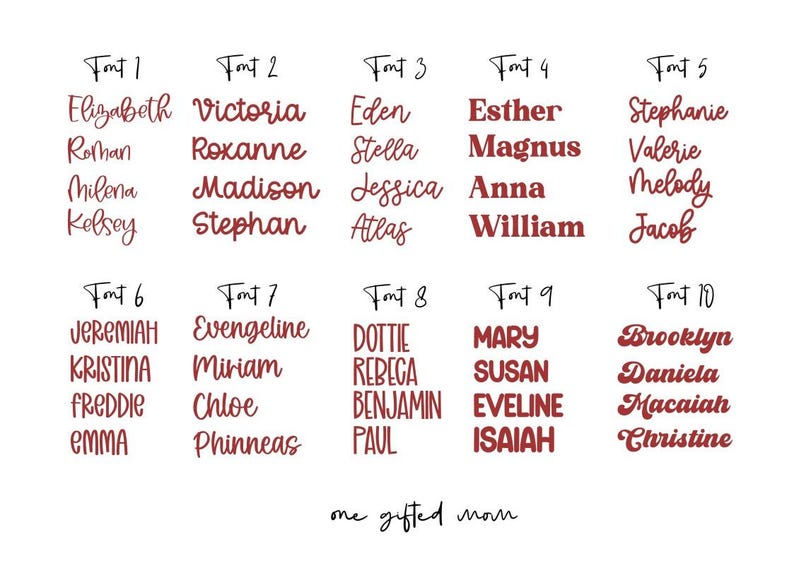 May include: A graphic displaying ten different fonts with various names in a burgundy color. The fonts are labeled Font 1 through Font 10. The text "one gifted mom" is at the bottom.