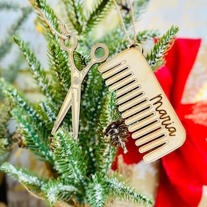 Hairdresser Custom wooden Ornament - Shear and Comb Ornament - Personalized Hairstylist Ornament