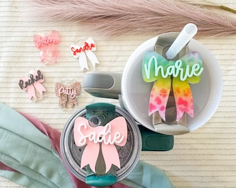 Personalized Bow Name Plate Tag: Stanley Tumbler Lid, Acrylic Topper