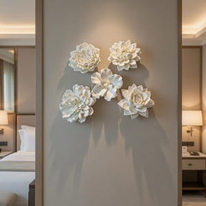 Ivory Resin Floral Wall Art Set, Sculptural White Flower Decor (Set of 5) image 3