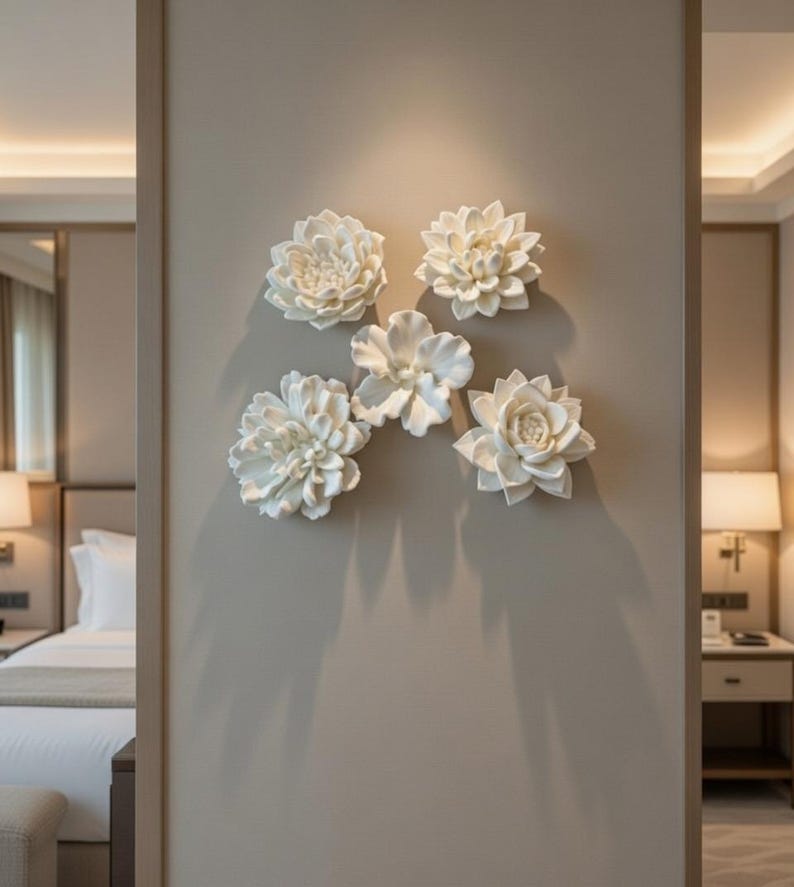 Ivory Resin Floral Wall Art Set, Sculptural White Flower Decor (Set of 5) image 3