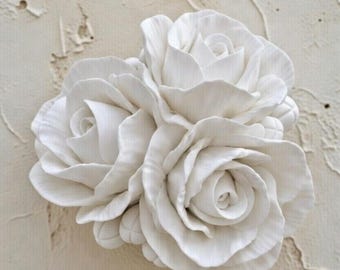Sculptural White Wall Flowers, 2 Inch Matte Ivory Blooms, Minimalist Decor Set
