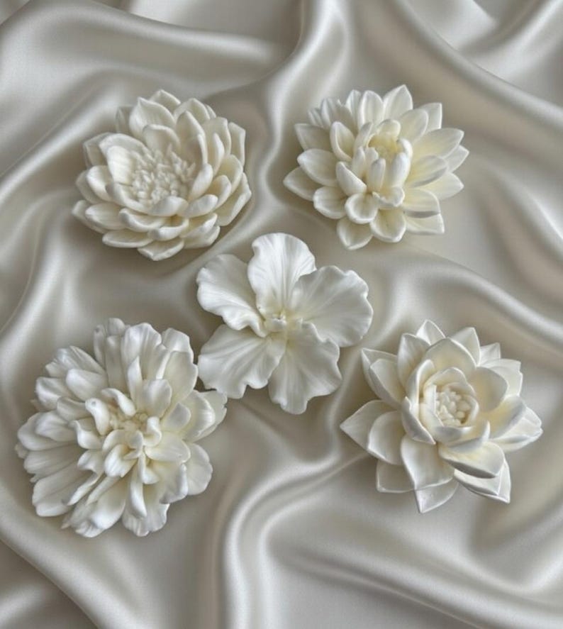 Ivory Resin Floral Wall Art Set, Sculptural White Flower Decor (Set of 5) image 1