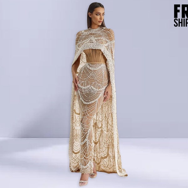 Fairy Unique Prom Sequin Dress, Tulle Wedding Guest Dress, Elegant Evening Party Maxi Dress, Floor Length Pearls Cape Mermaid Formal Dress