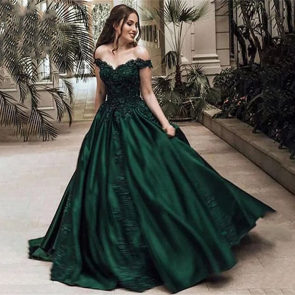 Floral Formal Evening Ball Gown, A line Unique Prom Party Dress, Fairytale Wedding Guest Dress, Elegant Off the Shoulder Satin Lace Dress