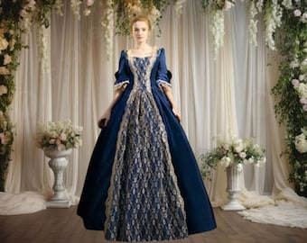 Medieval Renaissance Victorian Fantasy Dress, Formal Vintage Regency Ball Gown, Elegant Floral Empire Waist Dress, Skater Half Sleeve Gown