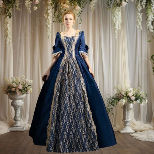Robe médiévale Renaissance victorienne, robe de bal formelle vintage Régence, élégante robe florale taille empire, robe patineuse à manches longues