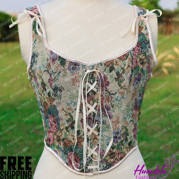 Floral Milkmaid Overbust Corset, Fairy Medieval Corset Tank Top, Renaissance Lace up Bustier Corset, Strappy Cosplay Corset for Ren Faire