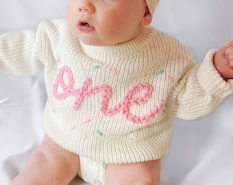 Birthday Sweater First Birthday Turning Two Baby Toddler Chunky Sweater with Sprinkles Matching Tassel Highchair Banner