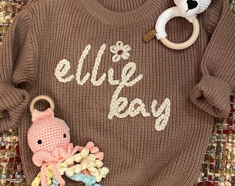 Nombre personalizado del bebé suéter grueso de gran tamaño que regresa a casa traje anuncio de nacimiento regalo cosido a mano