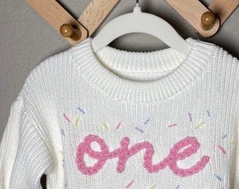 Birthday Sweater First Birthday Turning Two Baby Toddler Chunky Sweater with Sprinkles Matching Tassel Highchair Banner