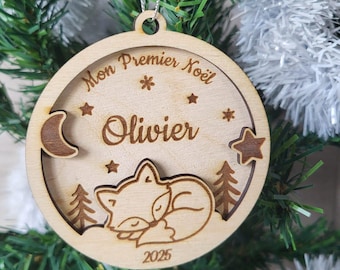Ornement bois renard – Mon Premier Noël ou Joyeux Noël – Prénom personnalisé – Décoration sapin bébé – Cadeau de naissance ou Noël