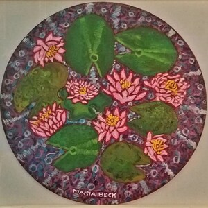 Exquisite Lily and Lily-Pad Rounded Oil Painting: Captivating Floral Artwork for Your Home!